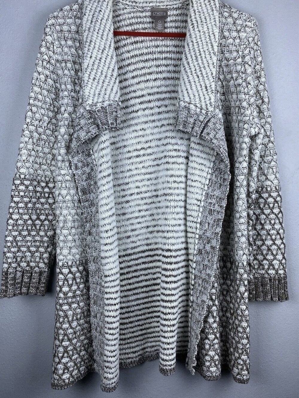 Chico's Sz 0 Marled Open Front Textured Knit Cardigan Shawl Collar Cotten Blend